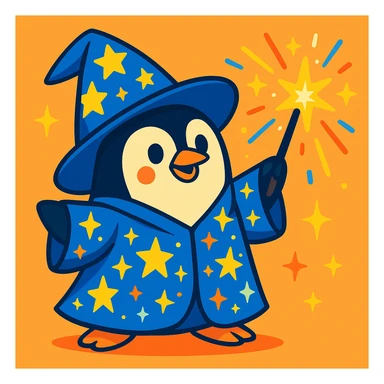 a penguin wizard casting a spell, with sparkles and a starry robe, playful cartoon style sticker
