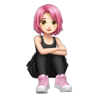 Full body Front view curvy emo girl pink hair sits on the floor straight view hands up black skirt полосатые рваные чулки sticker