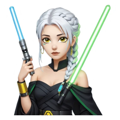  a closeup portrait of young woman with gold yellow eyes, white hair, long braid, black off-shoulder top, punk gothic style, futuristic cyberwave cyberpunk,  jedi attire and posture robes of a padawan, foreweilding a bright blue-green lightsaber sticker