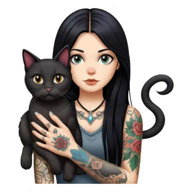 white girl with long black  straight hair and tattoos and  a German Cat sticker