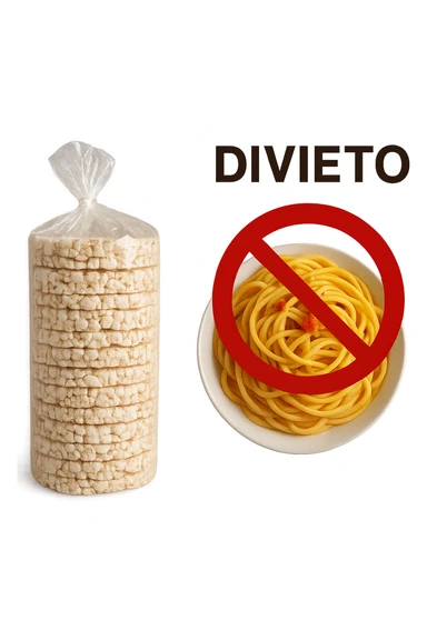 confezione di gallette di riso con accanto un piatto di pasta con divieto sopra, in italiano,  realistici sticker
