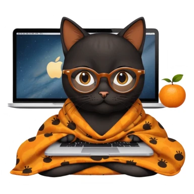A black female cat working on a MacBook, with long, black straight lashes, round glasses and she wears a blanket with an orange fruit pattern sticker