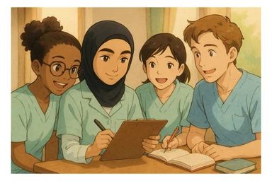 Four nursing students working together in a friendly, collaborative atmosphere. Diverse group wearing medical uniforms. One student inspired by the reference image. Rendered in detailed, warm, and expressive Ghibli style. sticker