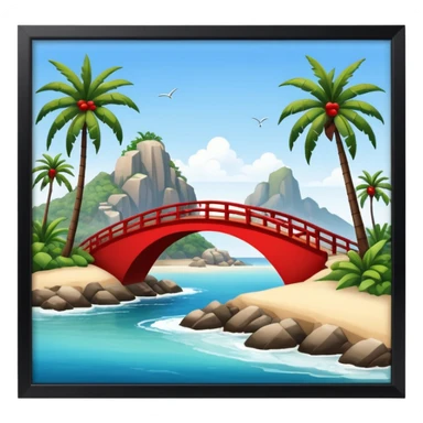  island with contemporary architecture, beaches with palm trees, and a red bridge on one side sticker