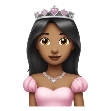 Princess girl long black hair with bang with silver pink heart tiara and pink dress sticker