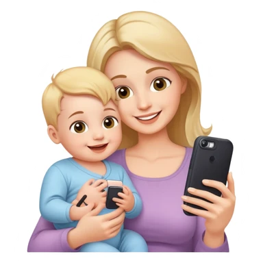 happy mother holding phone taking selfie with smiling baby sticker