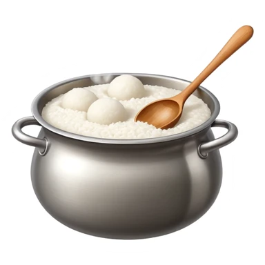 deep stainless steel pot with boiling floating glutinous rice flour balls and one wooden spoon sticker