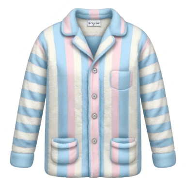 emoji of an isolated fluffy fleece pajama top with soft pastel 'vertical' stripes, plush fuzzy texture, light grey and pastel blue tones, button-down long sleeves, neatly folded flat-lay, no person, no body, no mannequin, cozy warm winter mood, soft shading sticker