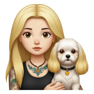 a  girl with glod  straight long hair and tattoos and a Bishon frise sticker