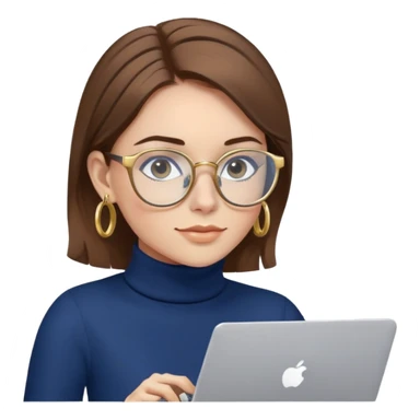 Female programmer with brown hair, navy blue turtleneck, gold hoop earrings, blue computer glasses, using laptop sticker