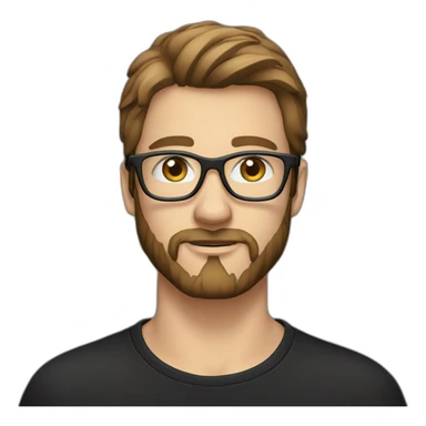 guy with straight long brown hair and blue eyes and transparent glasses and with beard and wears black tshirt sticker