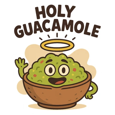 cartoon guacamole bowl with a halo, 'holy guacamole' text sticker