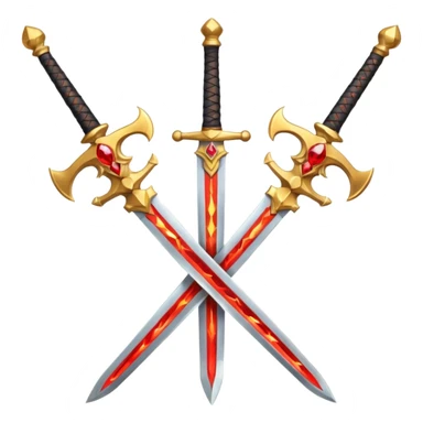 Two crossed swords that are golden in blade and handle and have fiery and royal appearence to them as well as red gem stones sticker