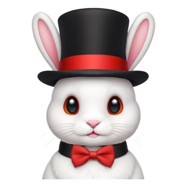 Cute emoji-style white bunny wearing a black top hat with a red band and a red bow tie, big round eyes, fluffy fur, clean mascot style, centered, transparent background, 1:1 ratio. sticker
