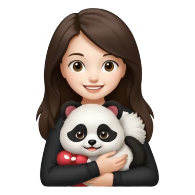 an brunette hair girl holding her white pomeranian dog that looks like a panda sticker