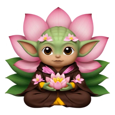Baby Yoda con su tunica chocolate oscuro sentado dentro de una flor de loto sticker