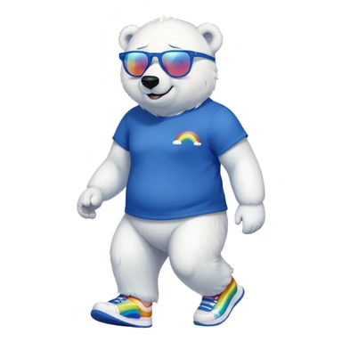 muscular friendly anthropomorphised polar bear walking confidently, wearing a royal blue t-shirt, black pants, white trainers, and oversized rainbow glasses sticker