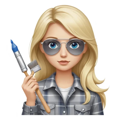 girl with long blond hair, wearing grey plaid shirt with blue eyes and aviator sunglasses wearing a ring on her silver necklace, holding a paint brush roller with a small bit of white paint on her face sticker