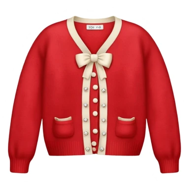red cashmere cardigan with 8 tiny ivory bows all over front and sleeves, realistic 3d isolated, soft texture sticker