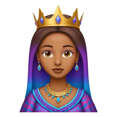 Create me an emoji of a beautiful Ethiopian Queen of Sheba wearing a neon purple and blue gradient African patterns. sticker