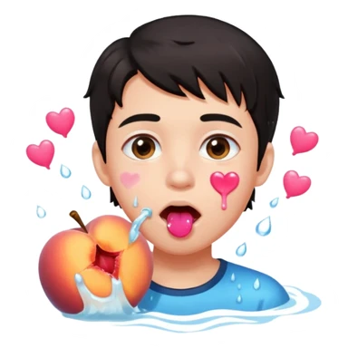 Cute boy, light pink eyes, grown out dark hair, eating a peach, pink hearts floating , water dripping from mouth sticker