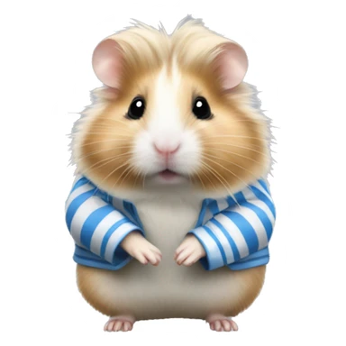 Blonde long haired Syrian hamster with a white and blue striped dirty shirt sticker