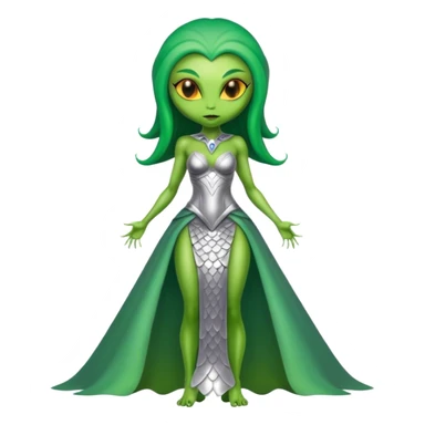 Green Alien woman with scales skin in silver dress, full figure, yellow eyes sticker