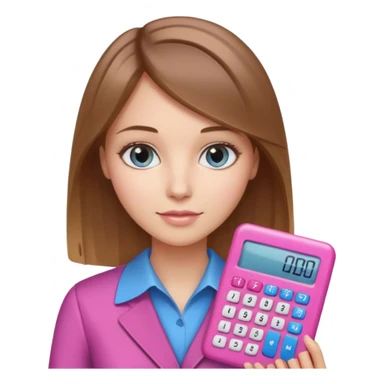 female with straight brown hair with blonde highlights and blue eyes holding a pink calculator sticker