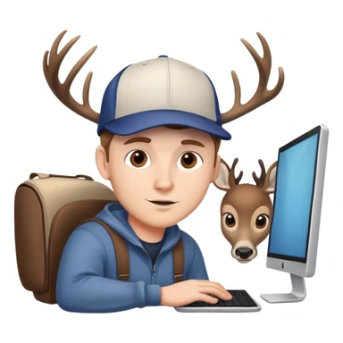 White Guy works at computer, cap o head, with deers antlers, brown eyes  sticker