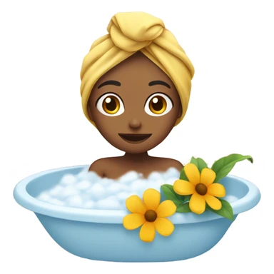 girl with towel on head takes bath with flowers sticker