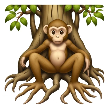 A creature with realistic human feet at the bottom, tree roots forming the legs, and a cartoon monkey face on top sticker