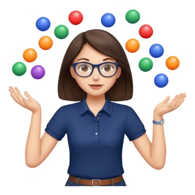 a cute brunette girl in a navy shirt wearing glasses,  juggling multicolored balls with two hands  sticker