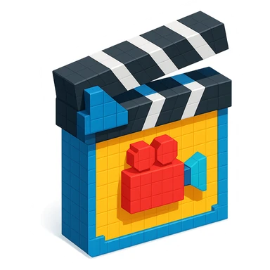 voxel style movie clapperboard with a camera icon, isometric view sticker