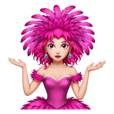 A vibrant woman with theatrical red ringlets and a massive pink feathered headpiece strikes a playful pose in an exaggerated, storybook-style hot pink gown. sticker