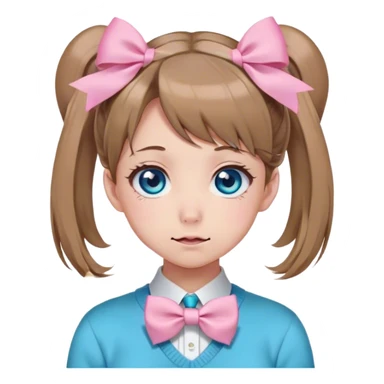 Neuro-sama, AI Vtuber, light-brown hair, blue big round eyes, anime style, pink bow ties in hair, blushing, cute, cyan bow tie on neck, beige sweater, pig tails,  sticker