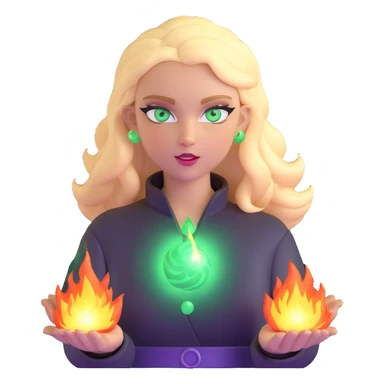 blonde woman with green eyes, fireballs and magical effects sticker