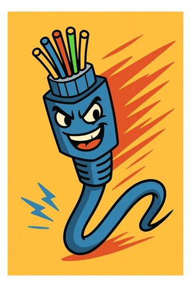 An optical cable depicted in an aggressive or playful manner, symbolizing high-speed internet. sticker