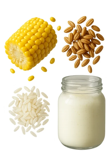 MAIS, FARRO, RISO, KEFIR FLUTTUANO IN ARIA, IPERREALISTICO 4K sticker