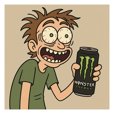 cartoon character strung out on Monster energy drink, wild eyes, jittery, holding a Monster can, cartoon style sticker