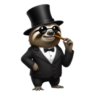 A sloth wearing a black top hat with black glasses smoking a cigar sticker