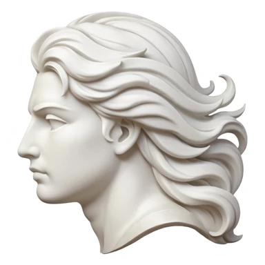 Create a stylized illustration of a classical face carved in white marble, shown in profile, gently blowing wind.  sticker