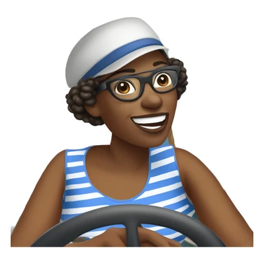An african american woman at the wheel of a sailboat in a blue and white striped shirt with black glasses and a star on her captain's hat. sticker
