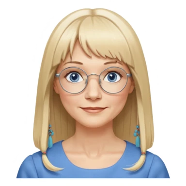 50 yr old white woman, hippie parted very long hair, short bangs, very long straight blond hair, oval face, small smile, blue eyes, thin face, hair downback, hair parted at center of head, round cheeks, pale, longer hair, business dress, long hair, big square glasses, long hair sticker