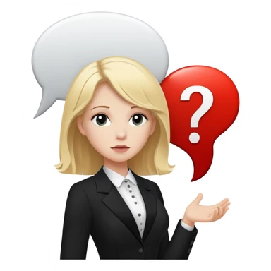 blonde haired white woman in a black formal suit with a white speech bubble containing a black question mark next to her head sticker