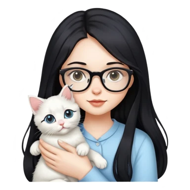 Beautiful girl with long black hair and glasses holding a white kitten sticker