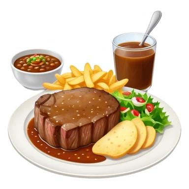big juicy australian steak meal featuring chips, small salad in a ramikan and gravy in a small bowl on the plate sticker