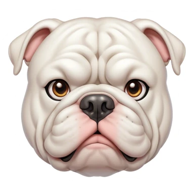 Cinematic Noble White English Bulldog Portrait Emoji, Poised and regal, with a sturdy, muscular build and a pristine, well-groomed pure white coat, deep-set soulful brown eyes, Simplified yet sharp and sophisticated features, highly detailed, glowing with a soft, dignified glow, high shine, intelligent and resolute, stylized with an air of authority, focused and attentive, soft glowing outline, capturing the essence of a watchful and confident guardian, so majestic it feels as though it could lumber out of the screen with effortless authority! sticker