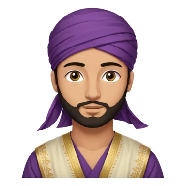 
-Apariencia: Joven de unos 25-30 años, atractivo,.
-Rostro: Ojos oscuros, piel ligeramente morena, rasgos árabes finos.
-Cabello: Negro, algo rizado o suelto, con barba fina.
-cuerpo entero  puede llevar una túnica más oriental, con faja y turbante sencillo sticker