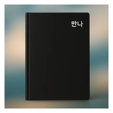 minimalist black notebook with dreamy blurred photo background, '만나' in white at the top right corner, clean and modern style sticker
