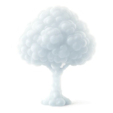 one tree with one white crown cloud and white trunk, both made of small very bright white fluffy convex clouds, matte glass style sticker